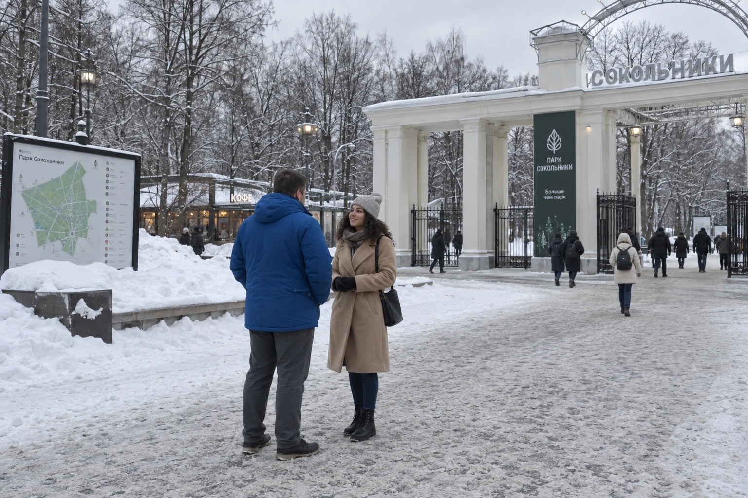 Молодой человек знакомится с девушкой на городской прогулке.