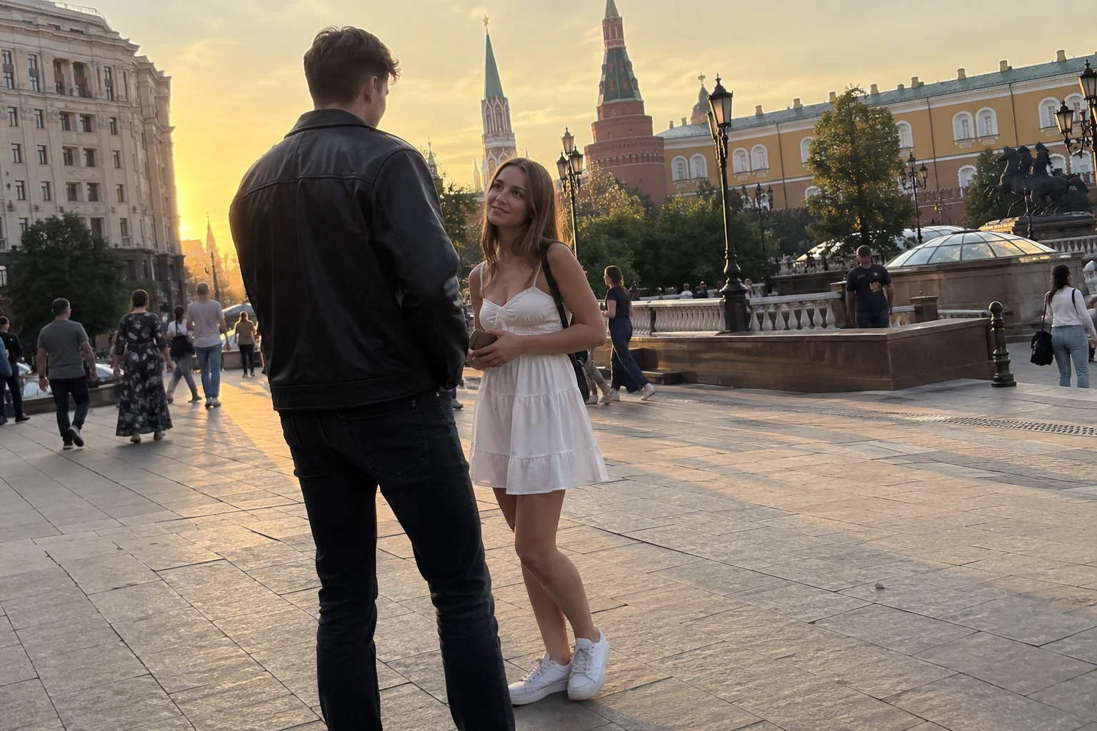Знакомство на прогулке по Москве: молодой человек разговаривает с девушкой