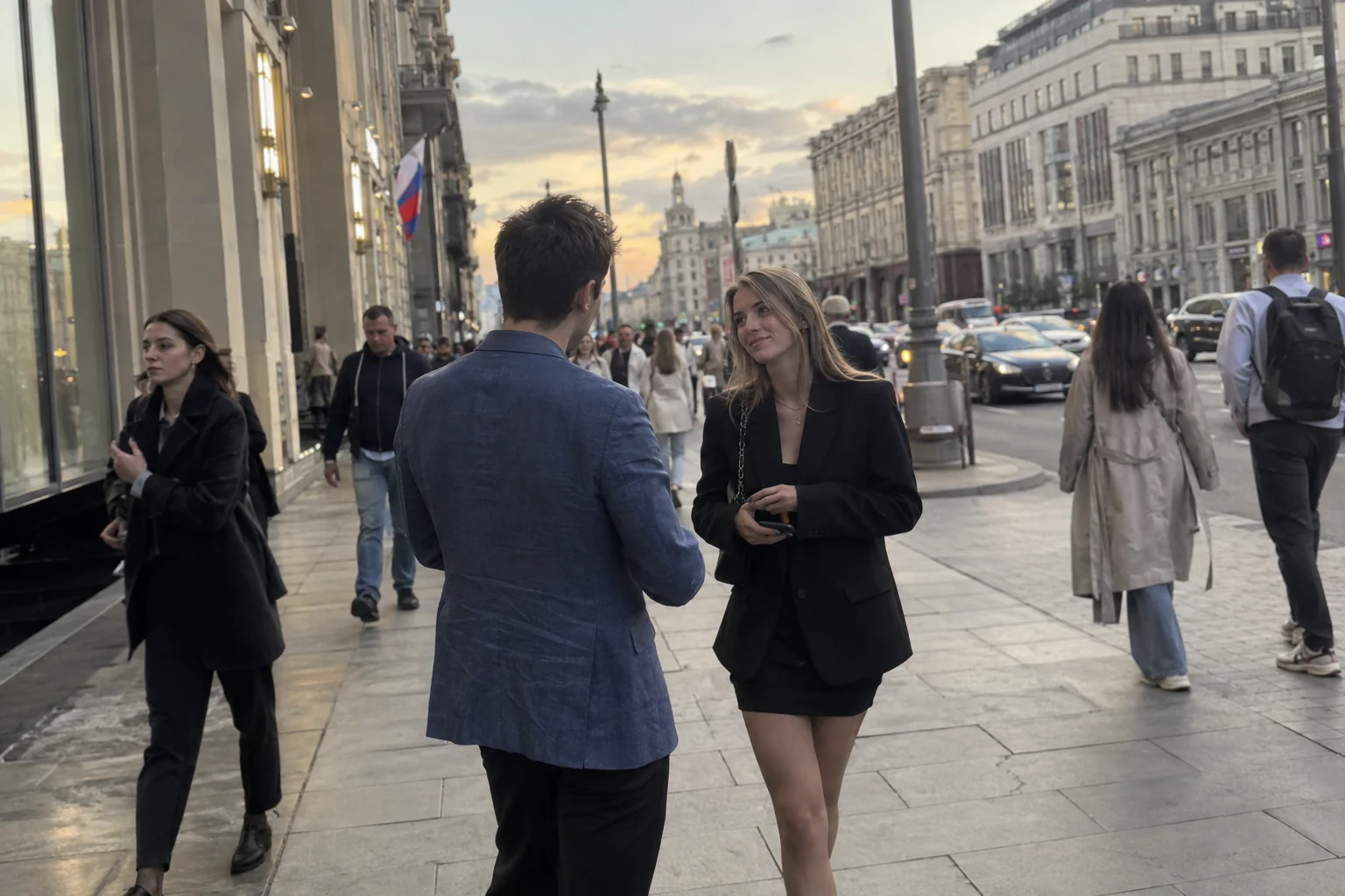 Знакомство на прогулке по Москве: молодой человек разговаривает с девушкой