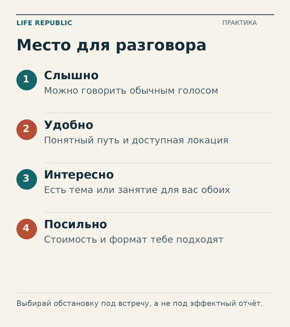 Место для разговора: слышно, удобно, интересно, посильно.